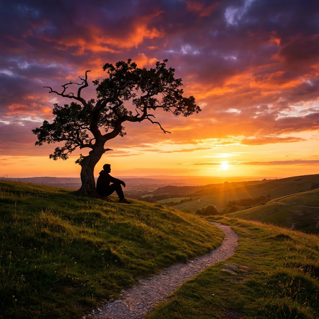 Silhouette of a person sitting under a tree on a hill during a vibrant sunset.