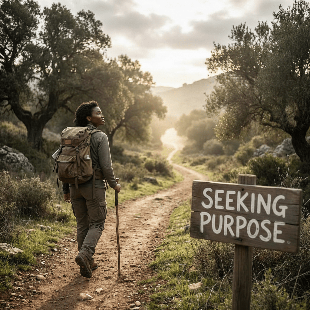 A hiker with a backpack walks past a wooden sign that says SEEKING PURPOSE.