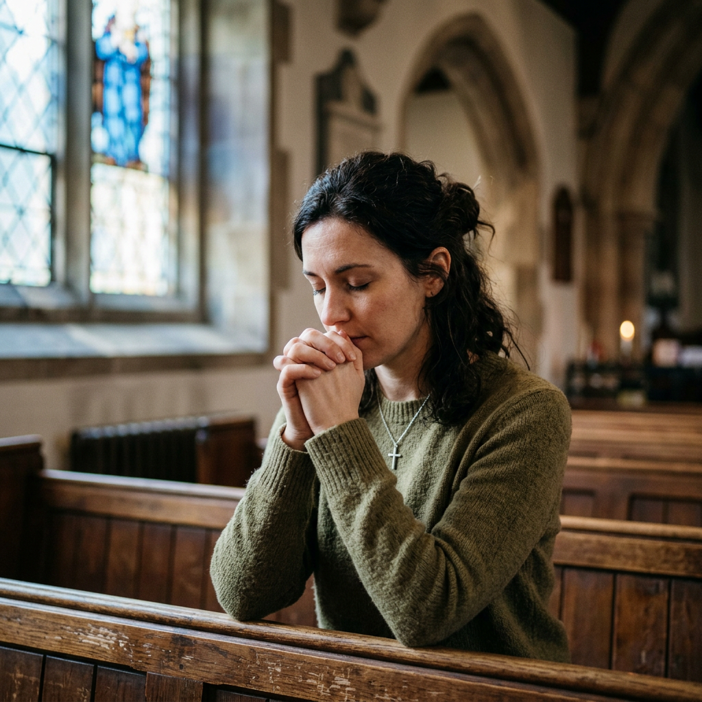Woman with closed eyes praying in a church pew