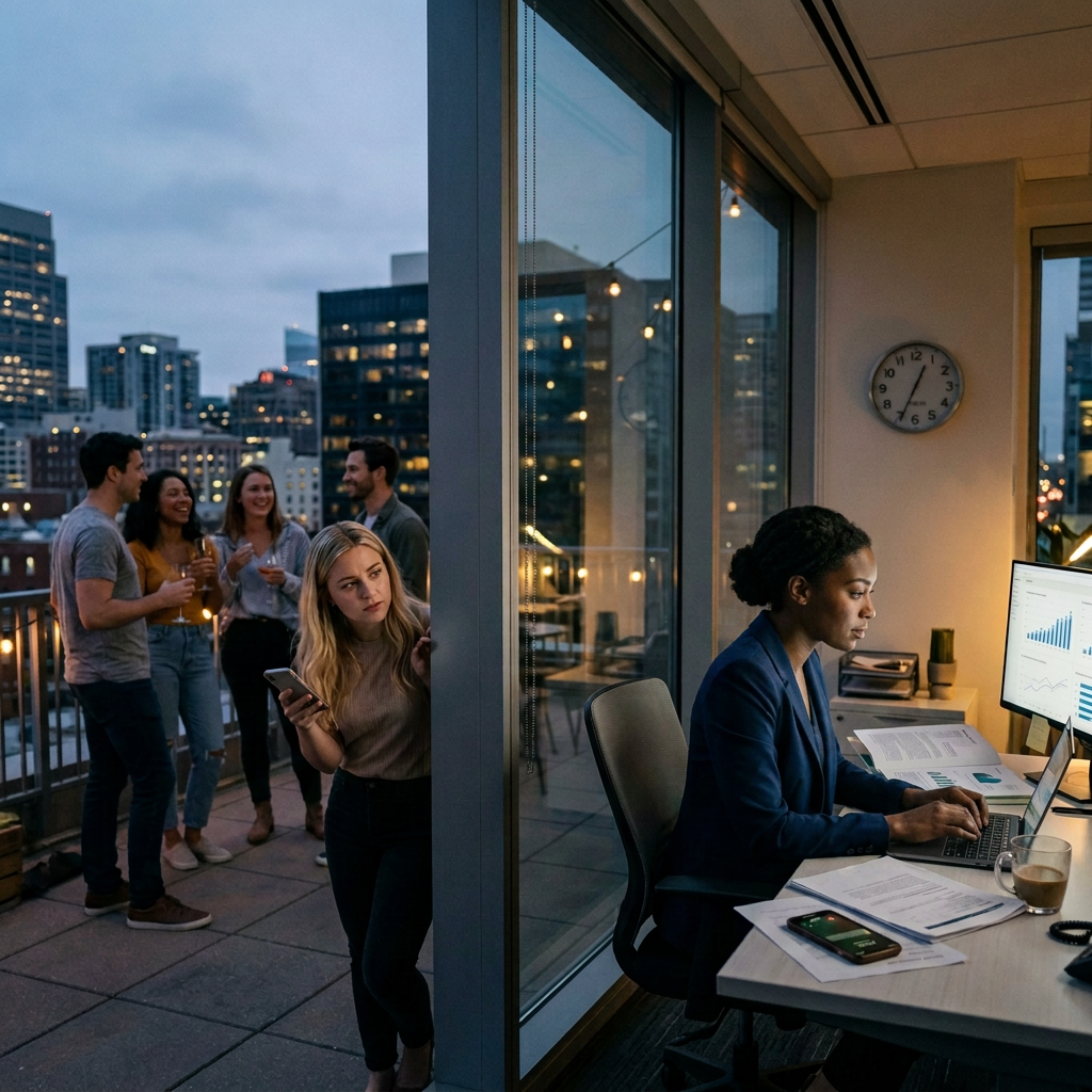 Woman working on a laptop inside an office at dusk, while a group of people chat on the balcony outside.