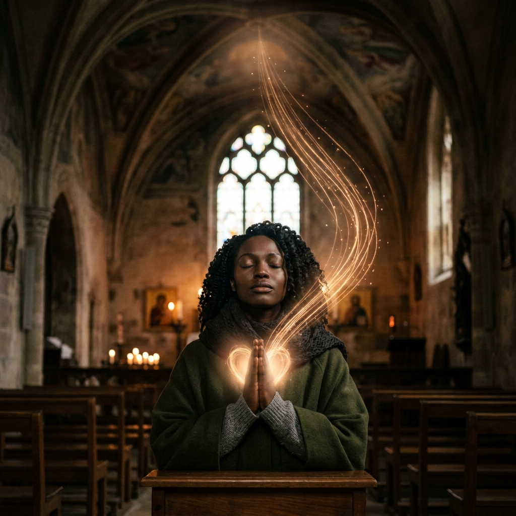 Woman praying beneath glowing light in a chapel
