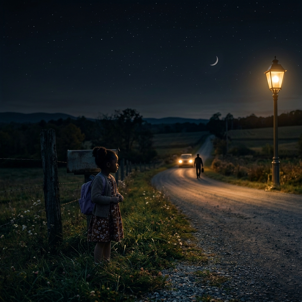 Child with backpack standing beside rural mailbox at sunset